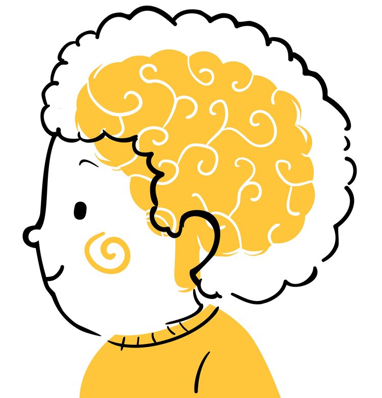 cartoon image of child with curly hair; learning